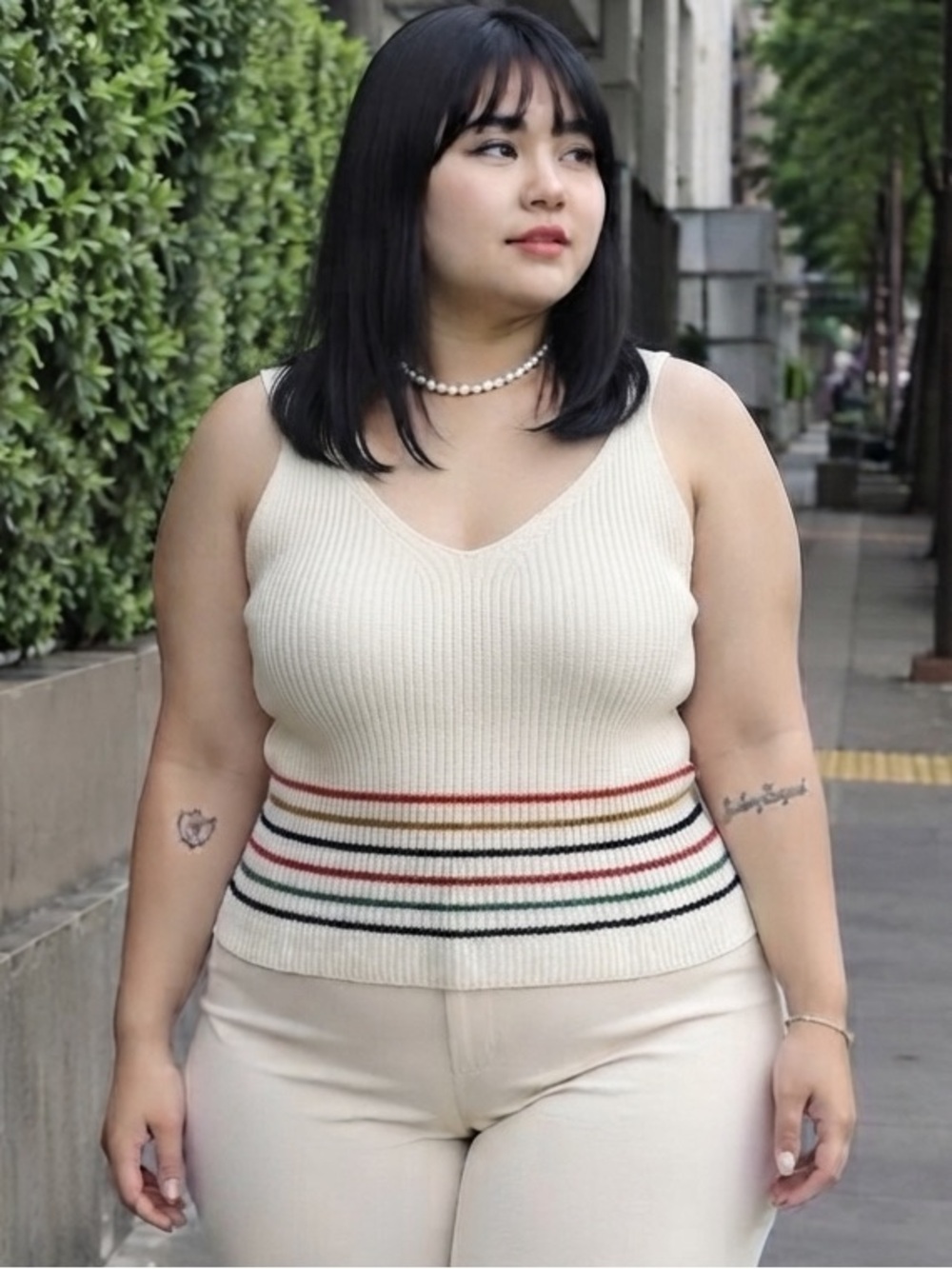 Cream Ribbed V-Neck Tank with Subtle Multistripe Waist